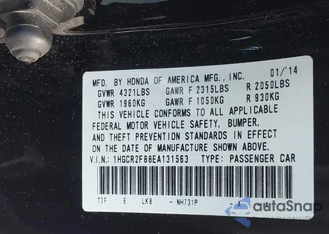 2014 Honda Accord Ex-L из США, поврежденный, VIN 1HGCR2F88EA131563